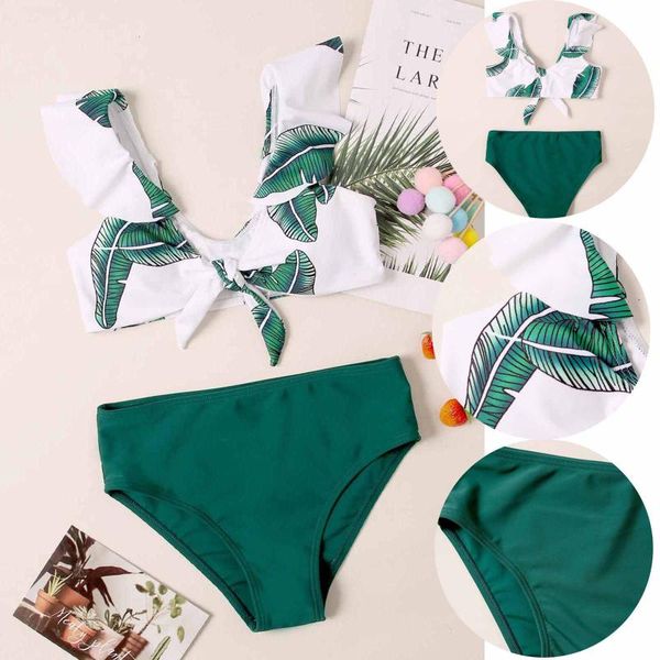 one-pieces toddler kids girls swimwear 8-13 years old palm leave print two-piece bikini set swimsuit swimming beachwear beach bathing suit, Black